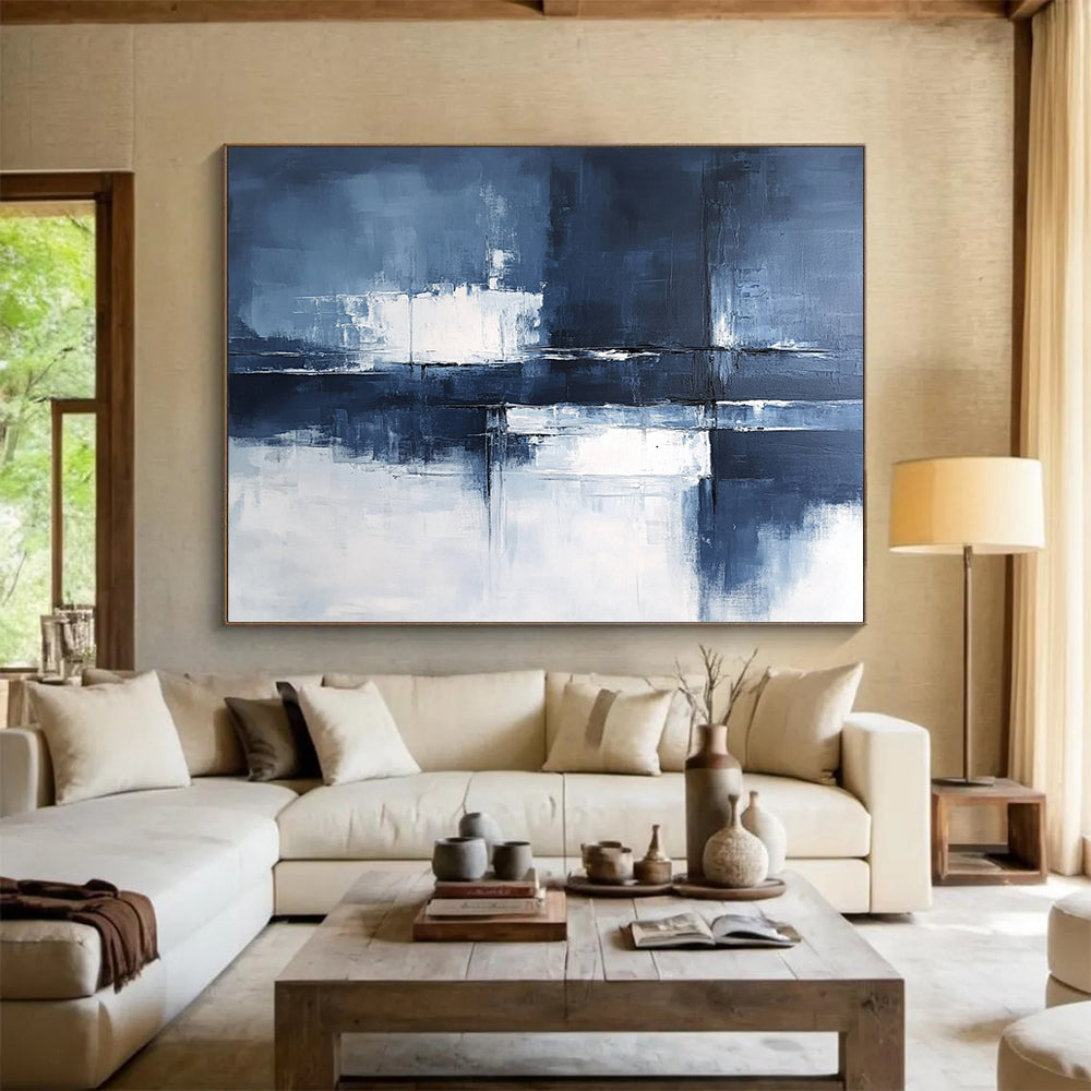 “Blue - Gray Abstract Geometric Reflections” - Blue, Gray, White, Geometric Reflections Painting On Canvas HB0831