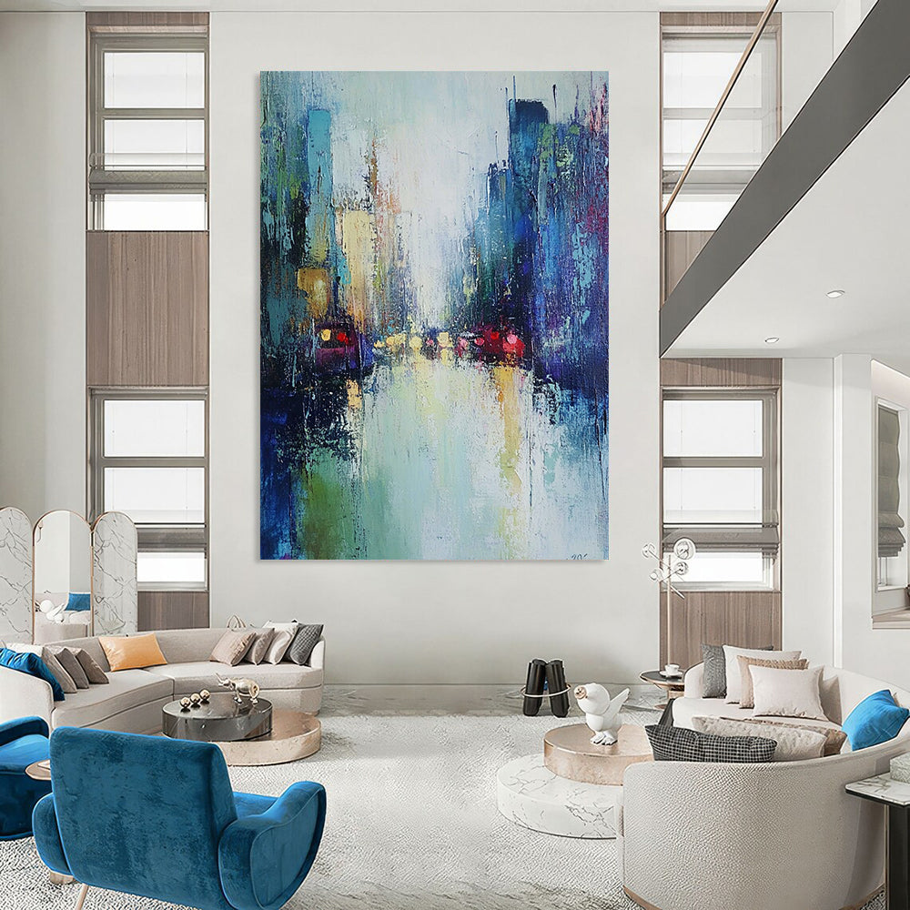 Contemporary hand-painted abstract art featuring a misty cityscape in soft greens and blues, enhanced by loose brushwork for an atmospheric effect. DLZ0604