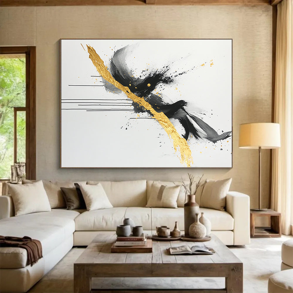 Black, White, Gold, Gray, Intertwined Swirls "Gilded Entanglement" Abstract Expressionist Painting On Canvas HB096