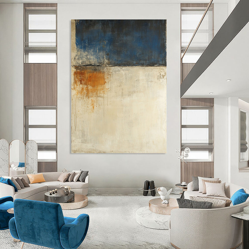 Contemporary abstract painting features a beige and blue palette large brush strokes and moody landscape with earthy tones and white spaces. DLZ0695