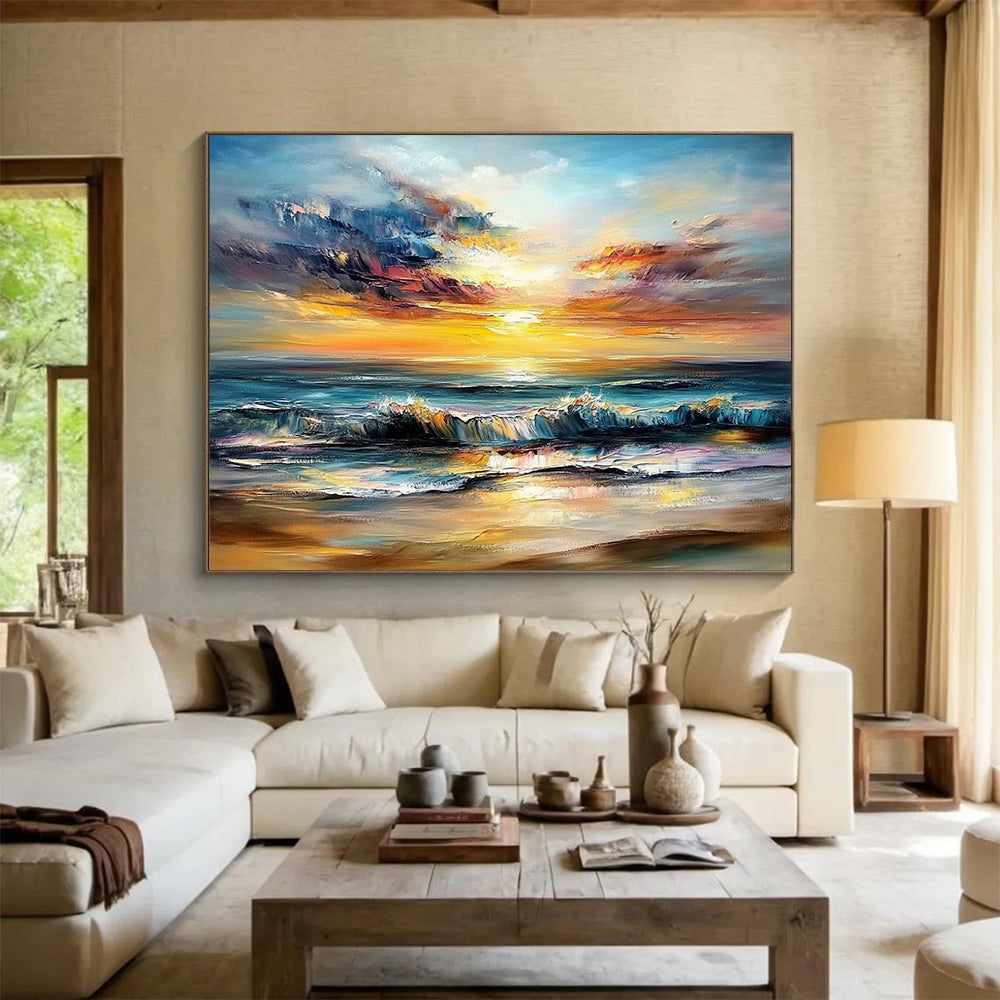 “Fiery Sky Beach” - Reds, Oranges, Blues, Dramatic Beach Sunset - Impasto Oil Painting HB1601