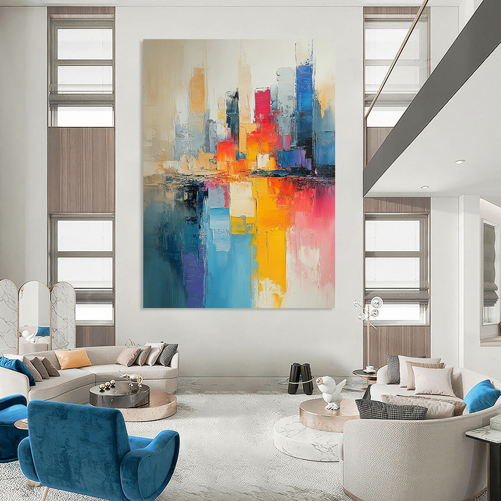 Contemporary hand-painted abstract art featuring a cityscape in muted beige and light blue tones with vibrant pinks yellows and expressive brushstrokes. DLZ0591