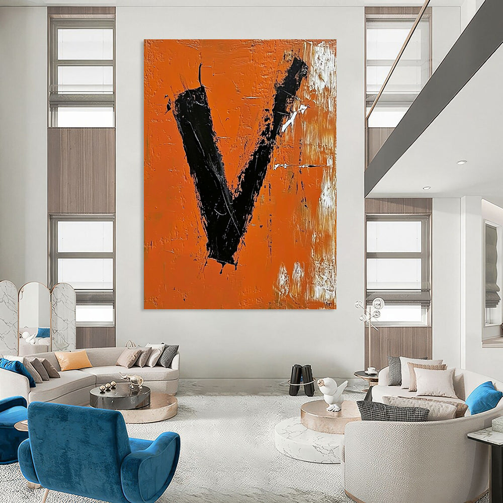 Contemporary abstract artwork featuring bold black "V" on vibrant orange background with expressive brush strokes and palette knife technique. DLZ1324