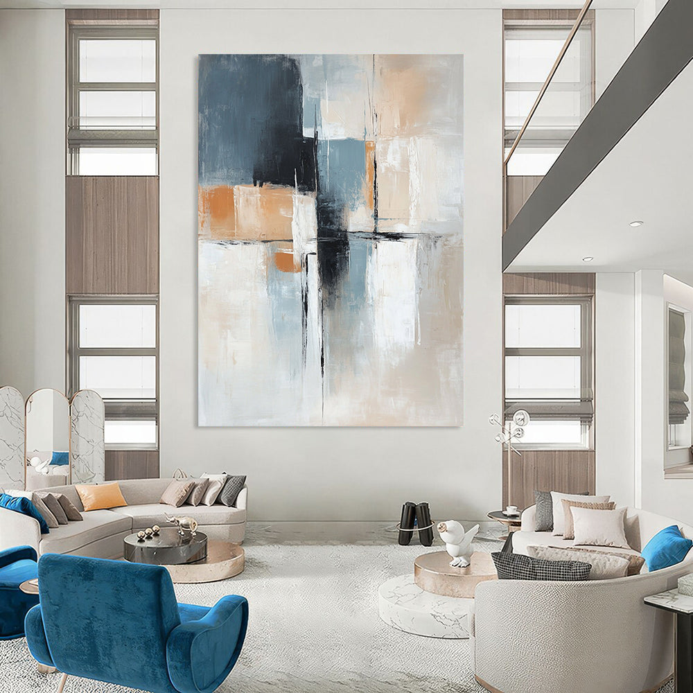 Large contemporary hand-painted abstract artwork in blue beige and grey with black lines soft white shapes and an orange accent in a minimalist style. DLZ1044