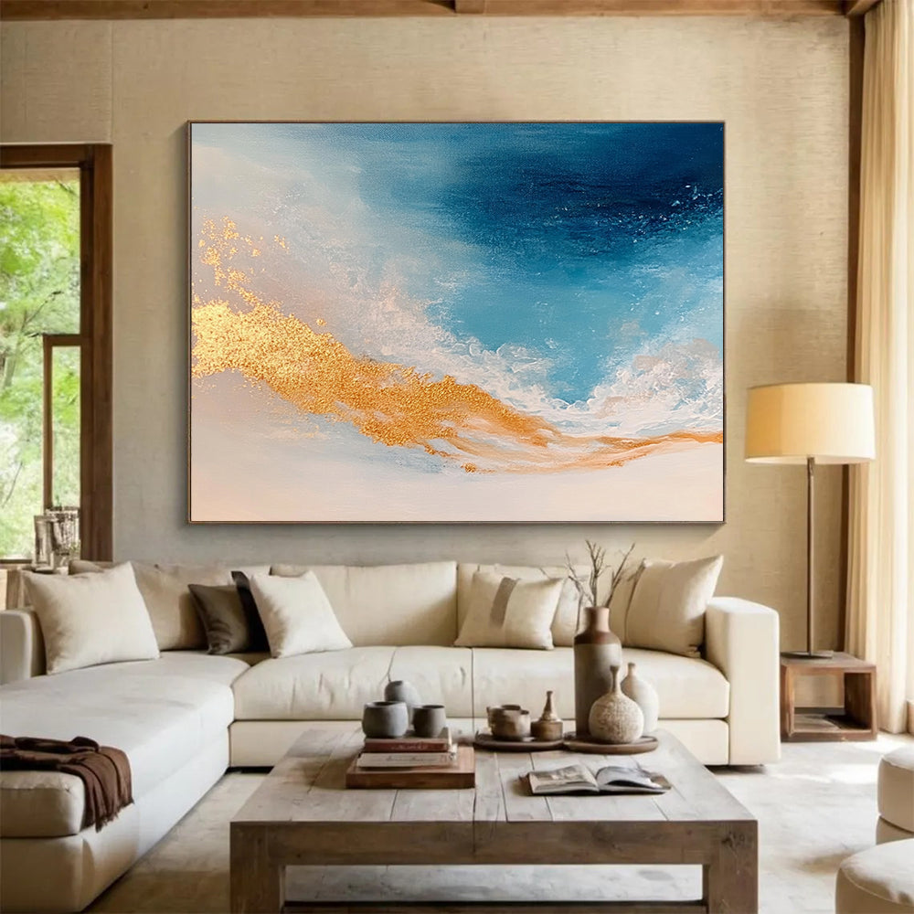 “Blue and Gold Ocean Waves” - Blue, Gold, White, Abstract Ocean Waves Painting On Canvas HB0971