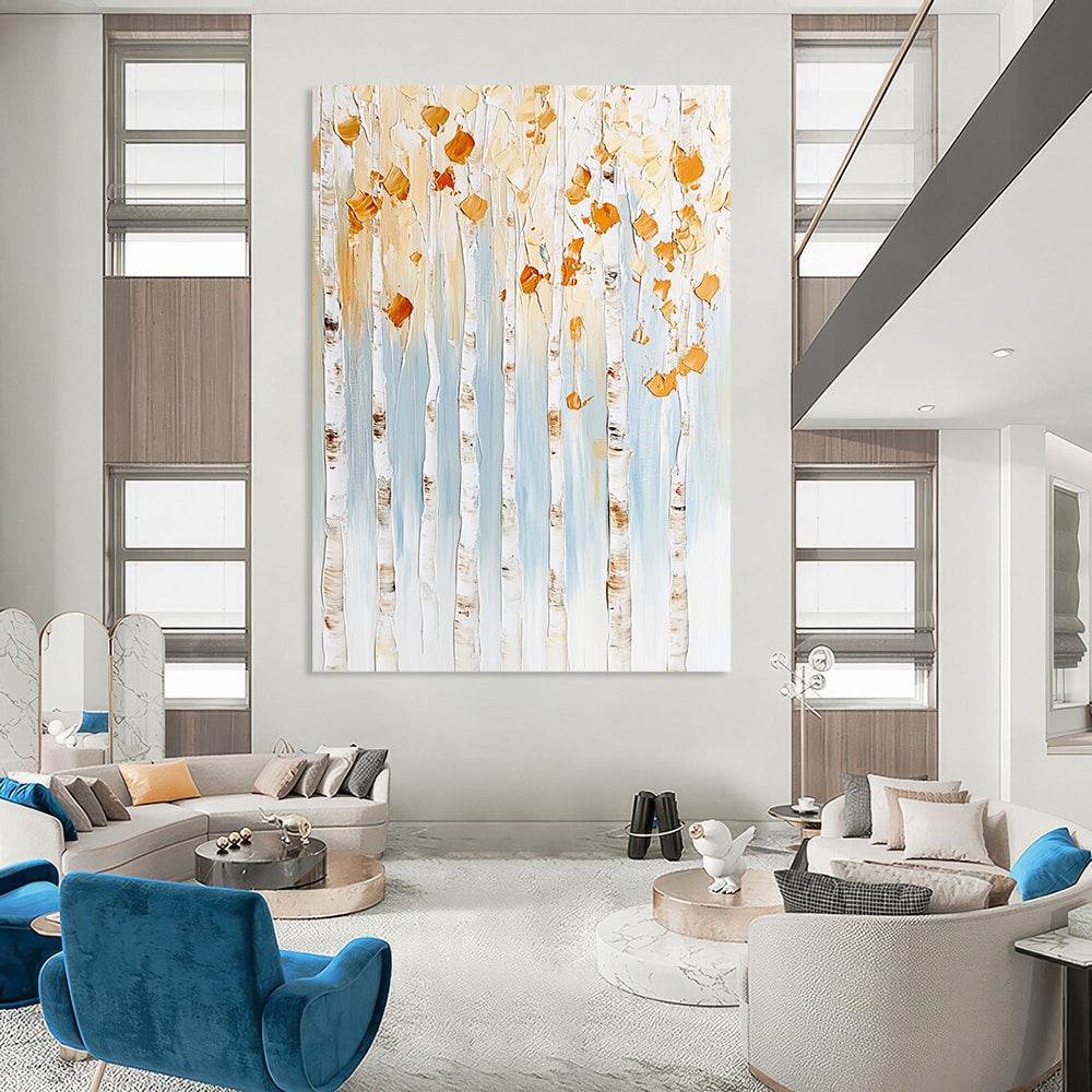 Contemporary abstract artwork featuring birch trees with gold and white leaves against a light blue background with textured brush strokes and floral accents. DLZ0976