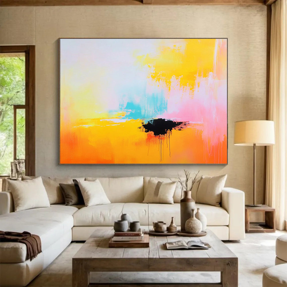 “Bright Abstract with Black Accent” - Yellow, pink, blue, black; Bright abstract with a bold black shape; Acrylic Painting On Canvas HB1277