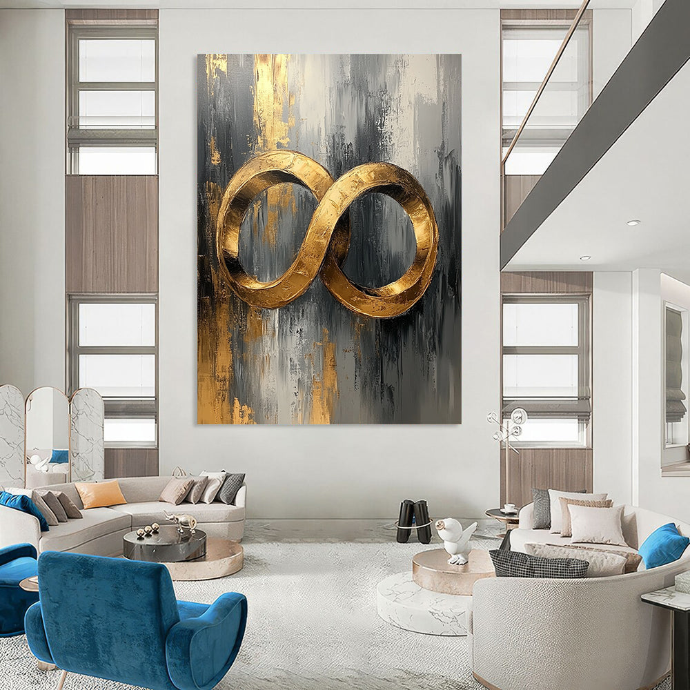 Contemporary abstract oil painting featuring golden rings in gray and white with gold leaf accents on canvas texture for a stunning UHD display. DLZ0482