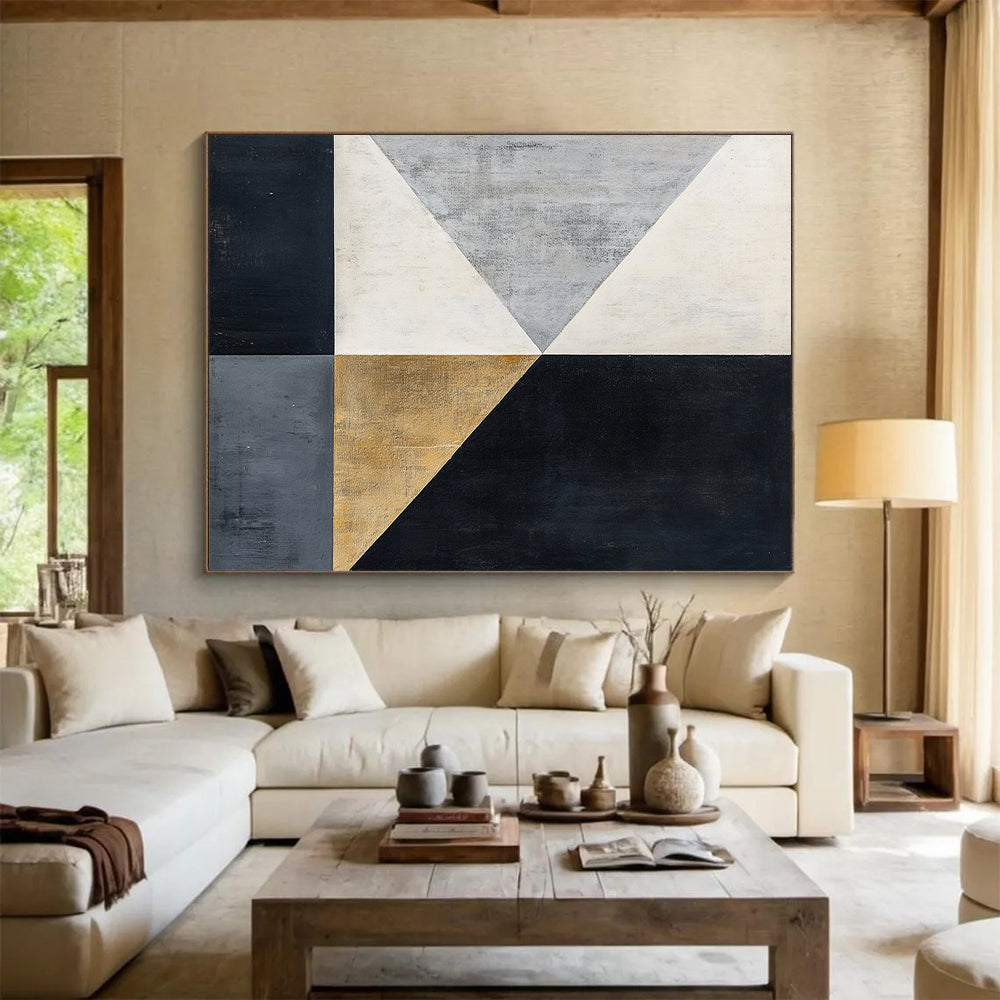 Black, White, Gray, Gold, Geometric Triangles "Gilded Triangles" Abstract Modernist Painting On Canvas HB118