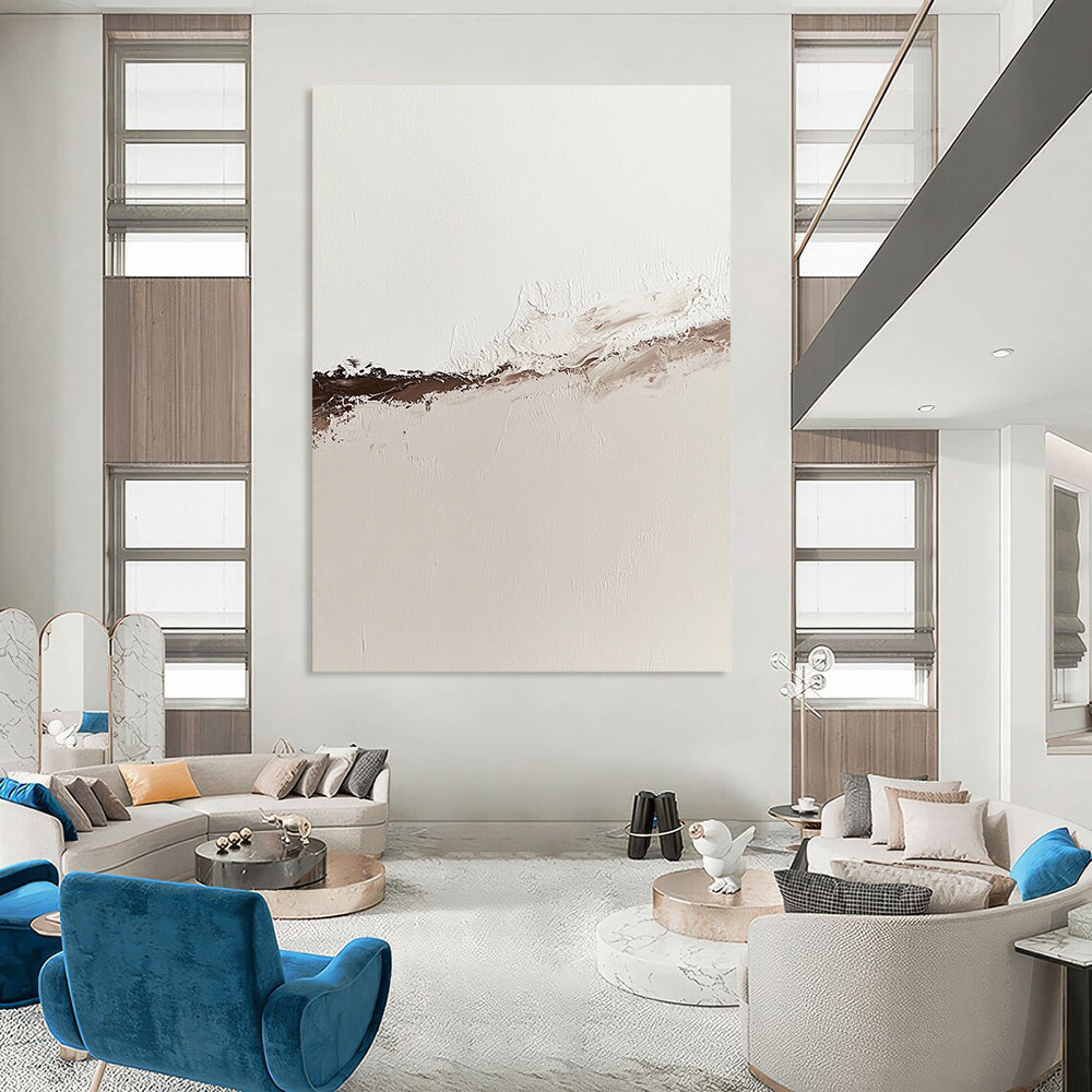 Contemporary abstract oil painting showcasing the tranquil boundary of water and desert sand in muted neutral tones with rich brown accents. DLZ1312
