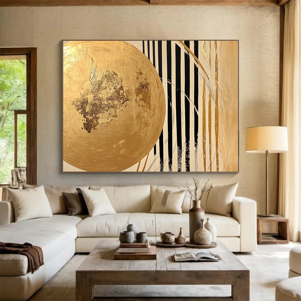 “Gold - Black Striped Abstract” - A gold circle with black and white stripes, Abstract Geometric Painting On Canvas HB0555