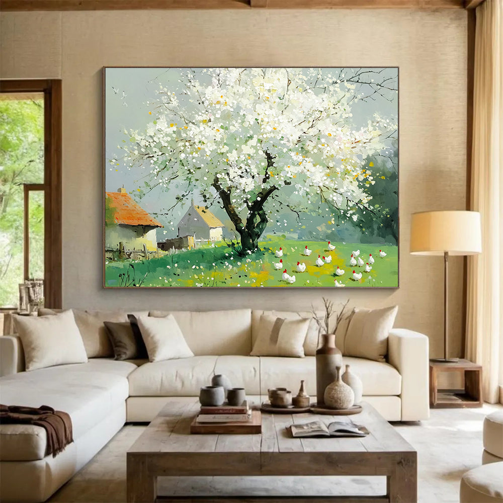 “Blossoming Tree & Farm Scene” - White blossoms, green field, farmhouses, Impressionist Landscape Painting On Canvas HB0597