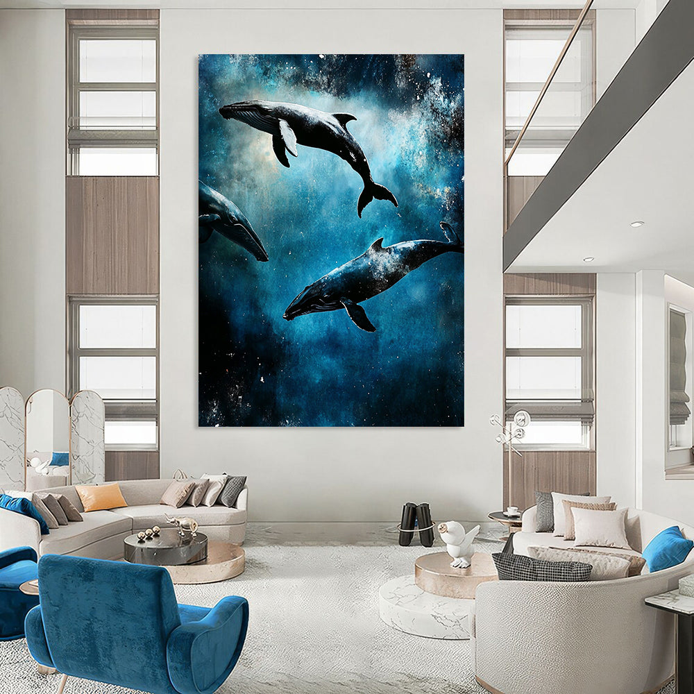 Abstract artwork showcasing ocean whales in cosmic space, featuring intricate underwater scenes, capturing a dark gritty aesthetic in digital painting style. DLZ1251