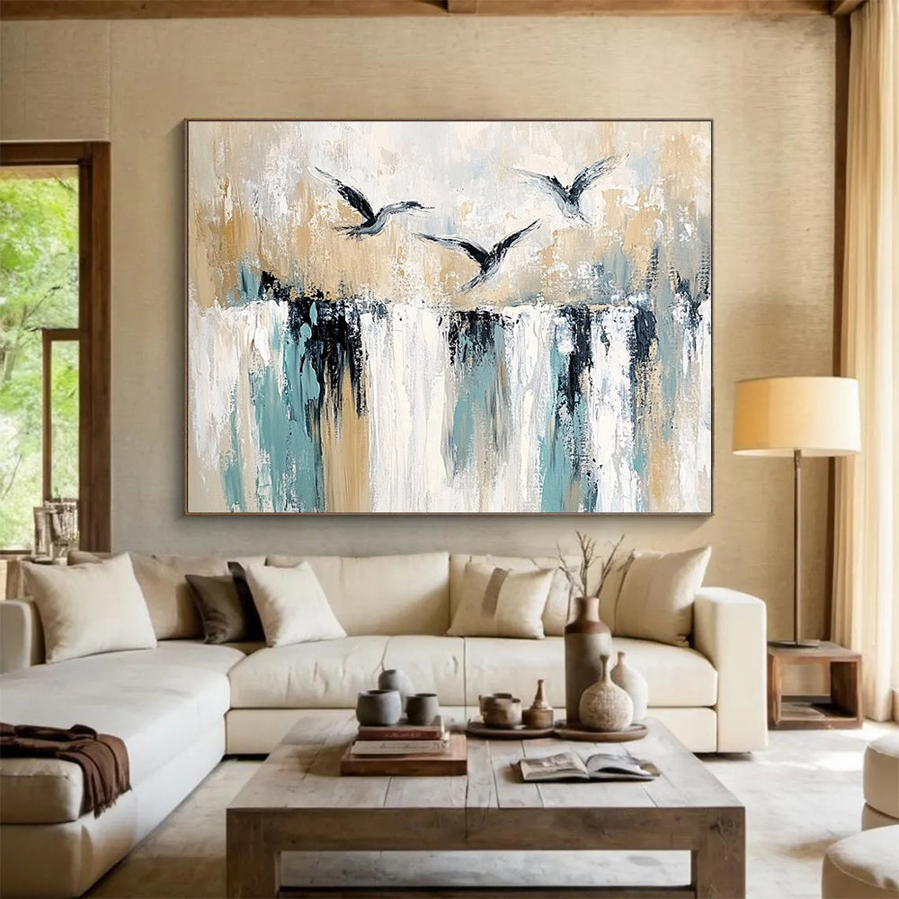 “Birds Over Textured Landscape” - Beige, Teal, Black, Bird Silhouettes - Painting On Canvas HB1412