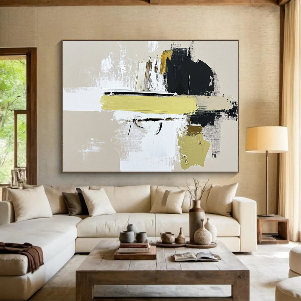 “Abstract Yellow Accent” - Beige, White, Black, Yellow, Dynamic Abstract Shapes Painting On Canvas HB0961