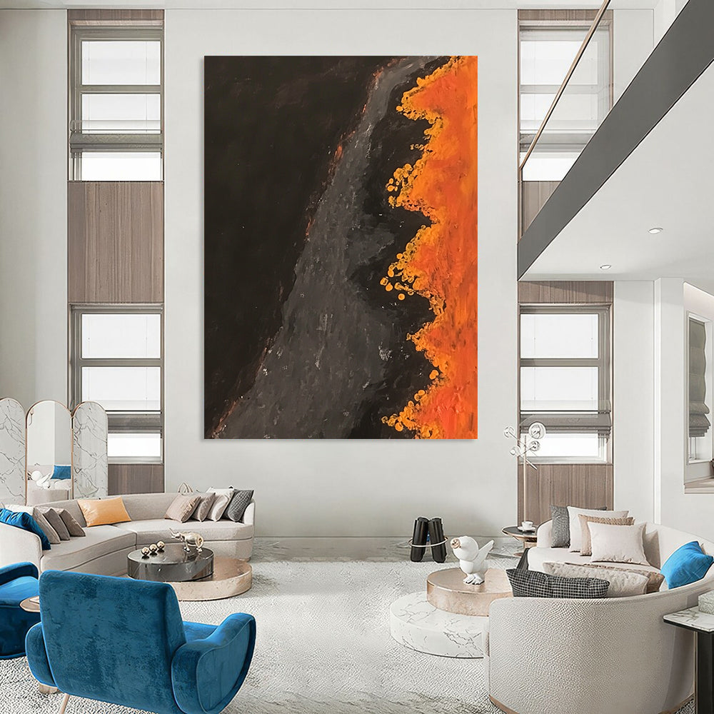 Contemporary abstract artwork capturing an aerial scene of an orange and black river with dark brown water and yellow flowers lining the banks. DLZ0839