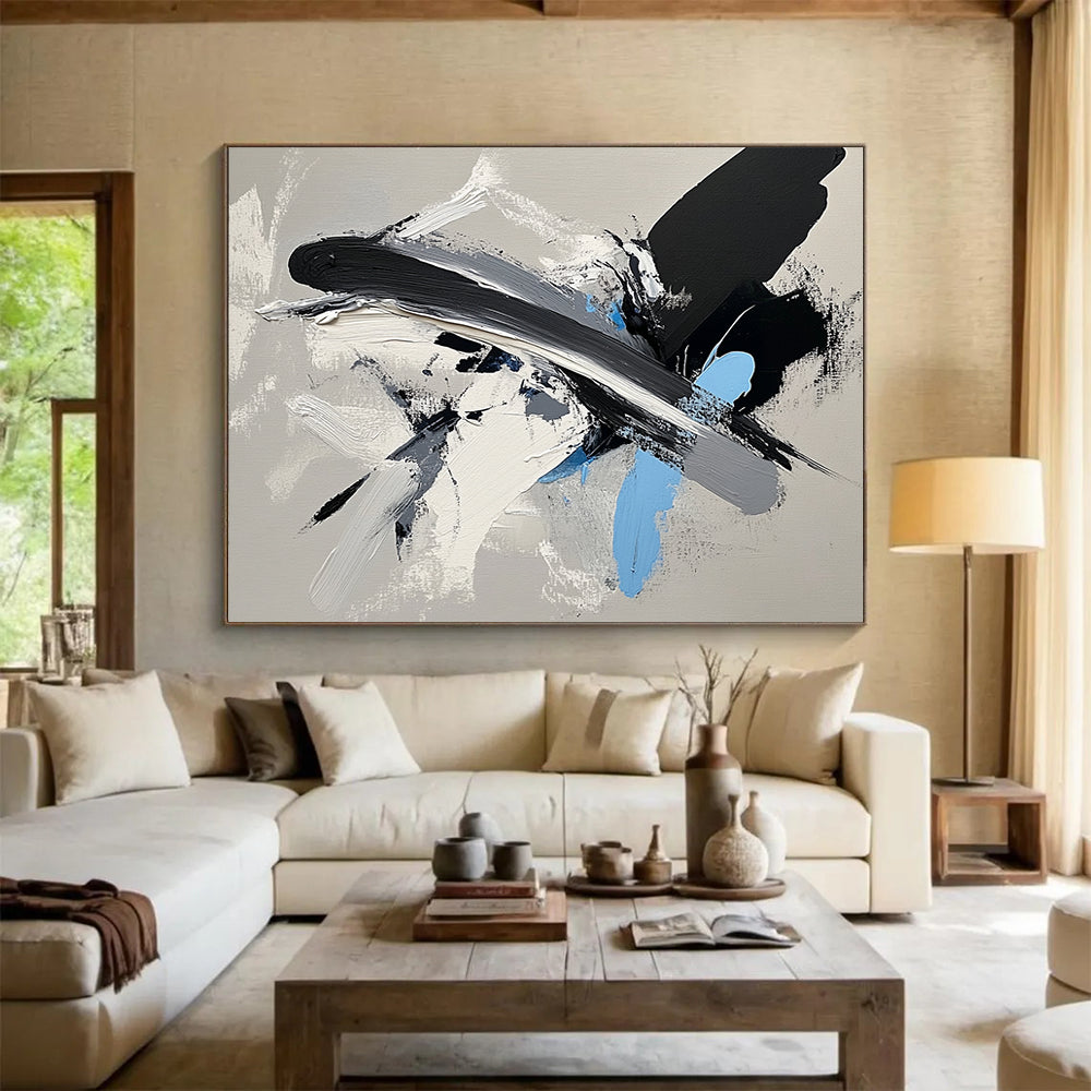 “Dynamic Black - Gray - Blue Brushstrokes” - Black, Gray, Blue, White, Energetic Strokes Painting On Canvas HB0811