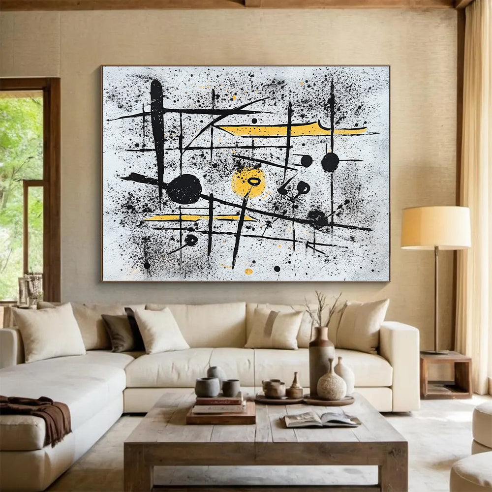 Black, White & Yellow Spattered Lines - “Chaotic Energetic Scribbles” Painting On Canvas HB205