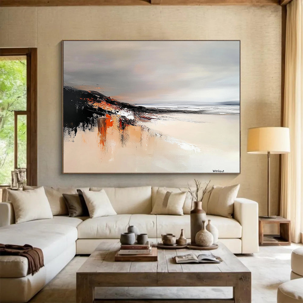“Muted Tones Coastal Landscape” - Muted Gray, Orange, Abstract Coastal Landscape HB1121