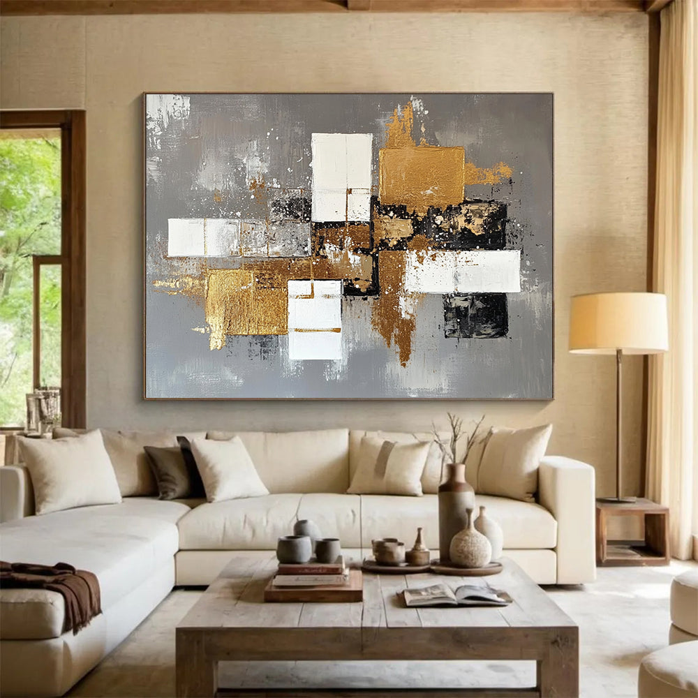 “Gilded Geometric Abstract” - Gray, White, Black, Gold - Textured Geometric Abstract with Gold - Acrylic Painting HB1323