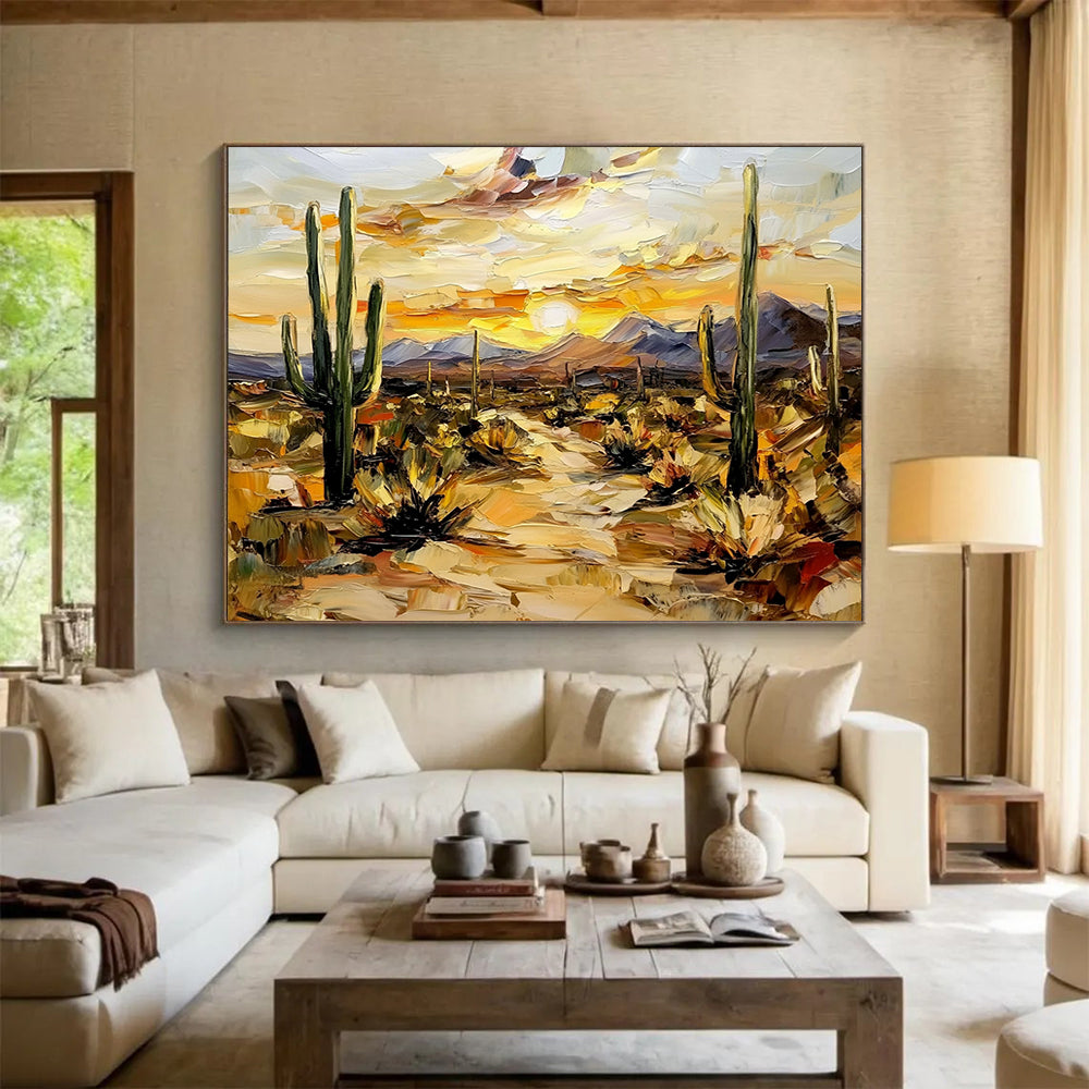 “Desert Sunset with Cacti” - Warm Oranges, Yellows, Greens, Desert Landscape with Cacti - Impasto Oil Painting HB1686