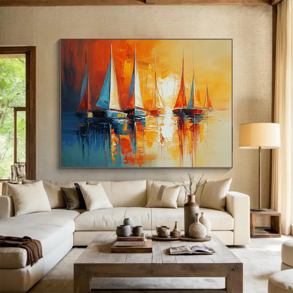 “Sunset Sails” - Orange, yellow, blue; Sailboats on calm water at sunset; Impasto Oil Painting On Canvas HB1166