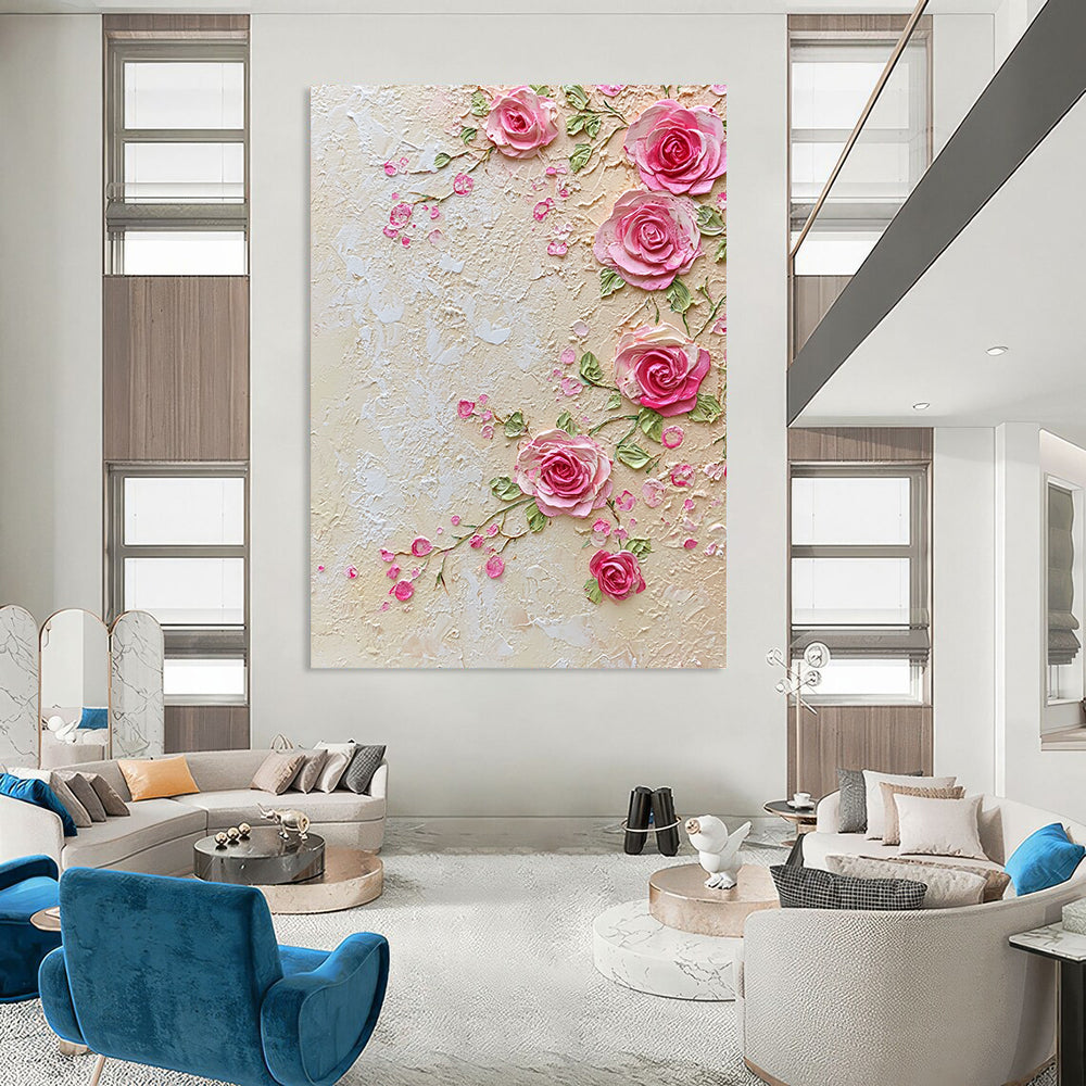 Contemporary handcrafted abstract art features delicate pink lace and roses with an elegant beige background of small flowers and greenery, exuding refined charm and sophistication. DLZ1247