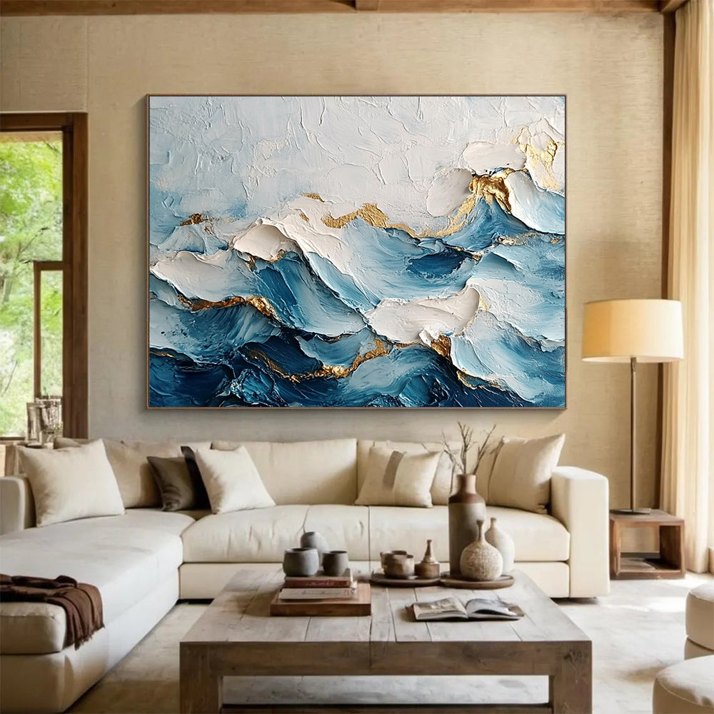 “Golden - Edged Blue Waves” - Blue, White, Gold, Textured Wave - like Abstract Painting On Canvas HB0976