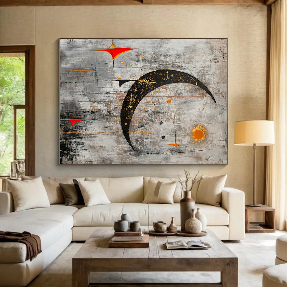 Gray, Black, Gold, Orange and Red Celestial Motifs "Starry Night Revisited" Painting On Canvas HB335