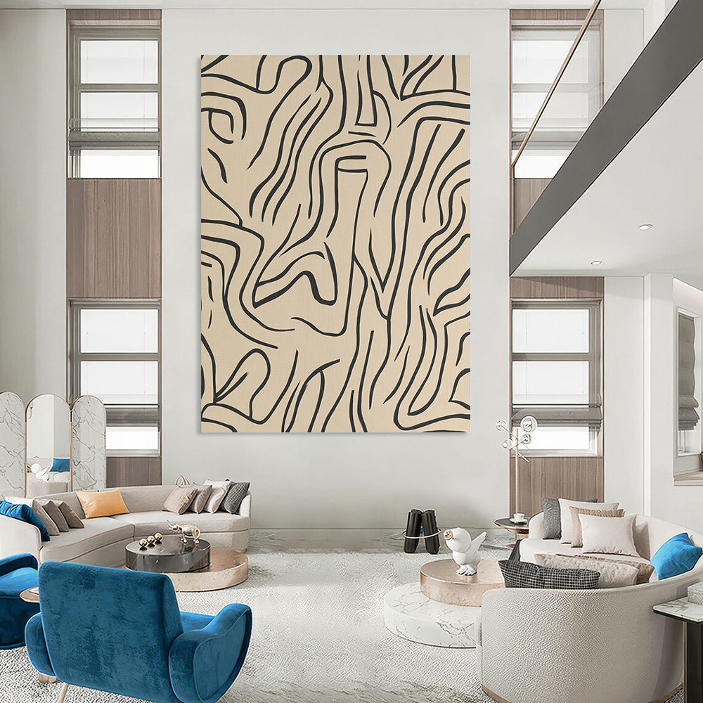 Contemporary abstract artwork featuring beige lines and shapes on a grey background, inspired by Matisse in elegant black ink. DLZ1072