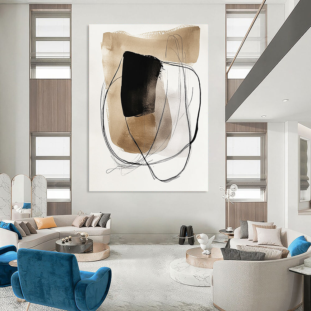 Modernist abstract art featuring watercolor and ink wash with earthy tones and minimalist shapes on a beige background for a unique aesthetic. DLZ1726