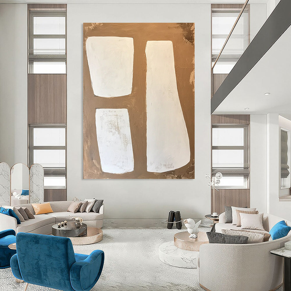 Contemporary large-scale abstract painting features soft edges with a minimalist style in brown and white tones showcasing visible brush strokes on wood panel. DLZ1749