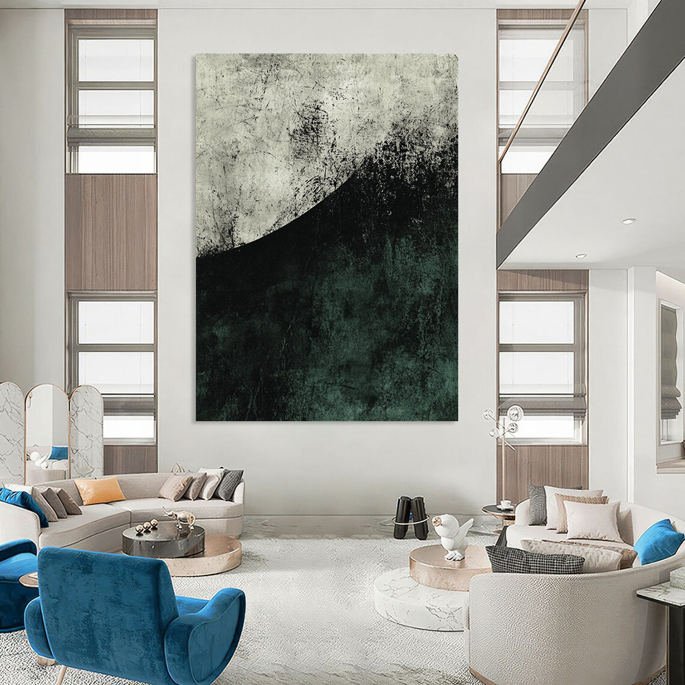 Contemporary abstract artwork featuring a large dark green and grey half circle with textured brushwork and strong negative space in muted tones. DLZ0809