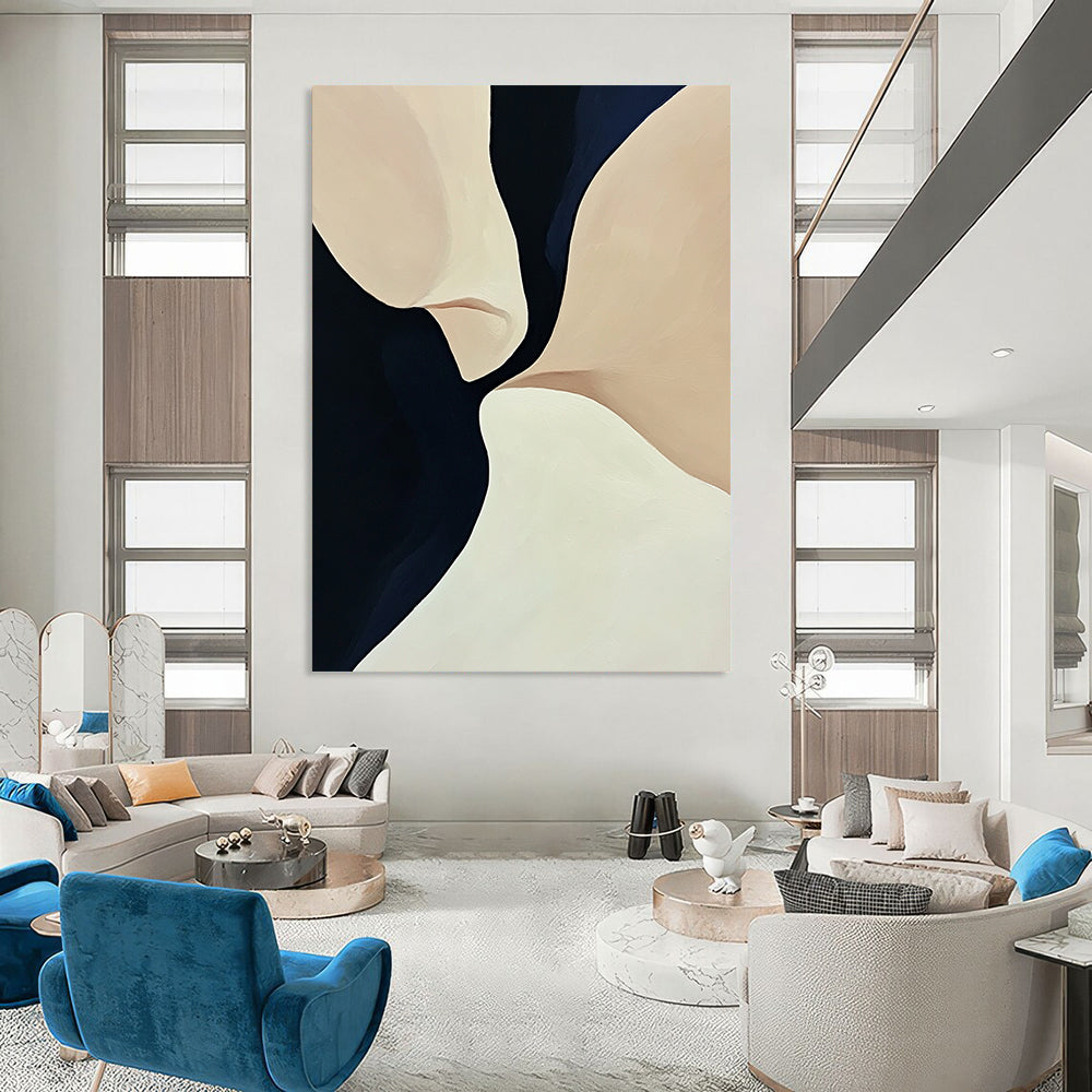 Contemporary hand-painted abstract art featuring smooth curves and flowing lines in light beige and navy blue tones with dark accents. DLZ0972