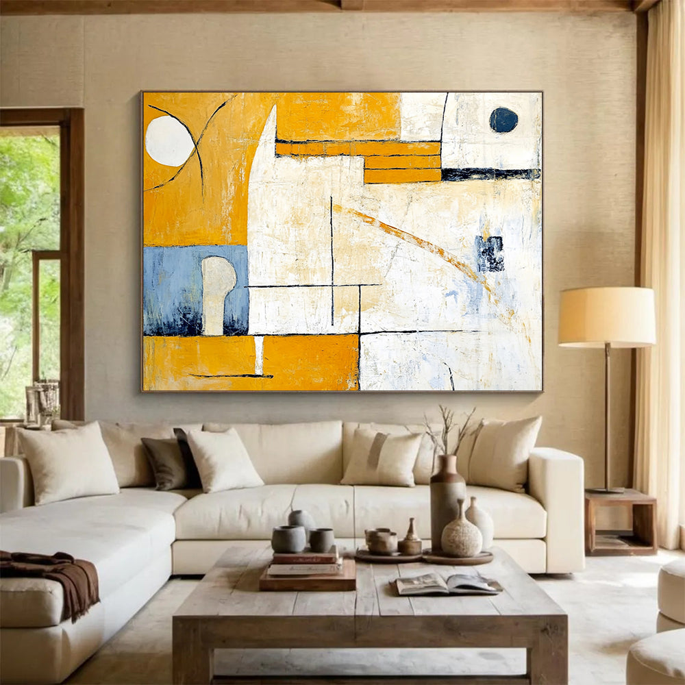 “Yellow - Blue Geometric Abstraction” - Yellow, Blue, White with Geometric Shapes - Abstract Acrylic Painting HB1352