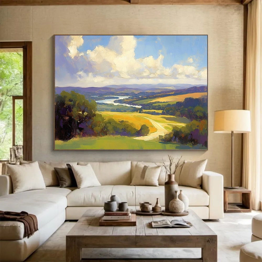 “Vibrant Panoramic Landscape” - Blue, Green, Yellow, Purple, Detailed Scenic View - Oil Painting HB1657