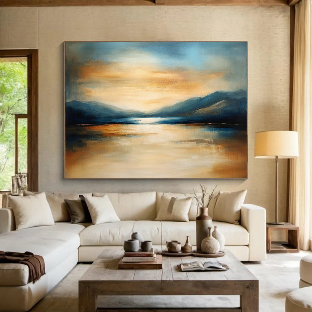 “Mountain Lake Sunset” - Orange, Blue, Beige, Landscape Oil On Canvas HB0703