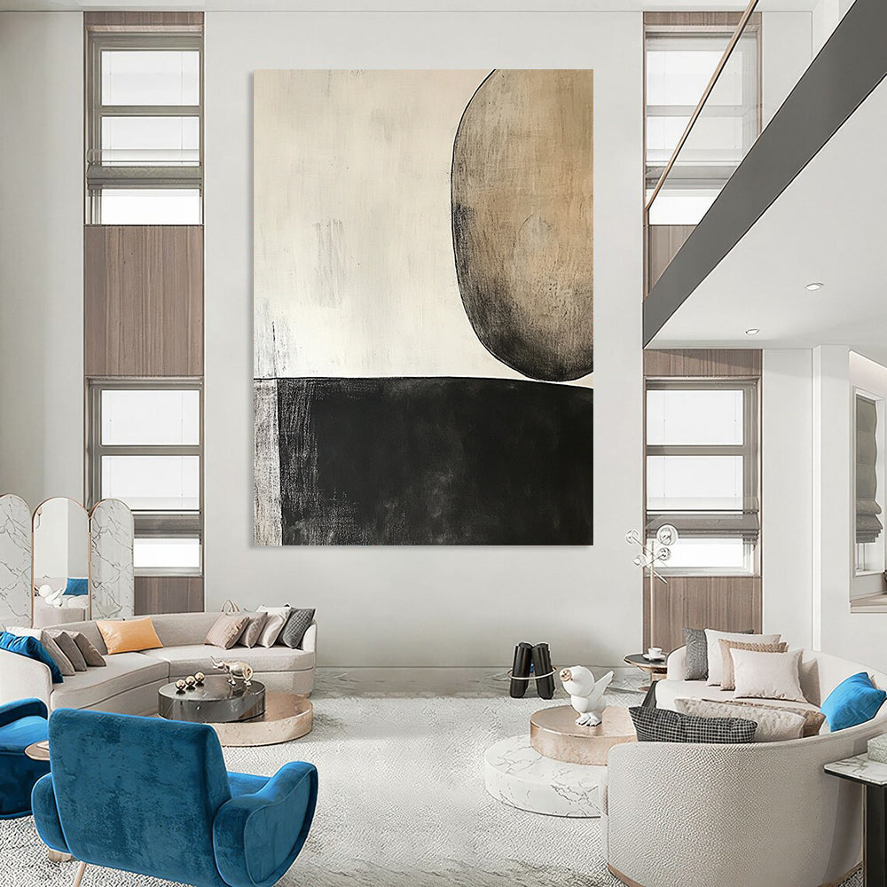 Contemporary hand-painted abstract art featuring a dark gray oval and dual brown circle on light beige background, inspired by minimalist design and Robert Motherwell. DLZ0958