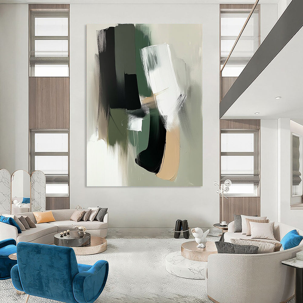 Contemporary abstract painting featuring minimalist shapes in sage green and white with black accents and bold brushstrokes for a modern aesthetic. DLZ0435