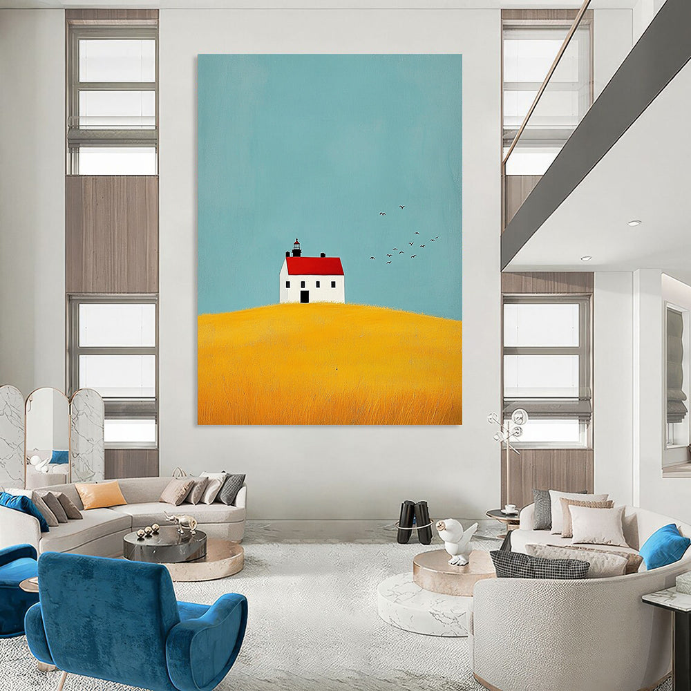 Contemporary abstract art showcasing a lighthouse, yellow fields, birds, and a white house with a red roof, conveying calmness and serenity. DLZ1298