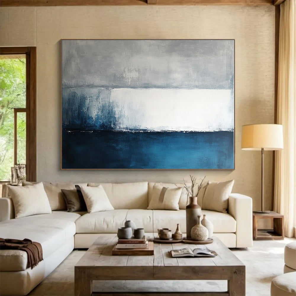 “Gray - Blue Abstract Horizon Lines” - Gray, Blue, White, Horizon Lines Painting On Canvas HB0832