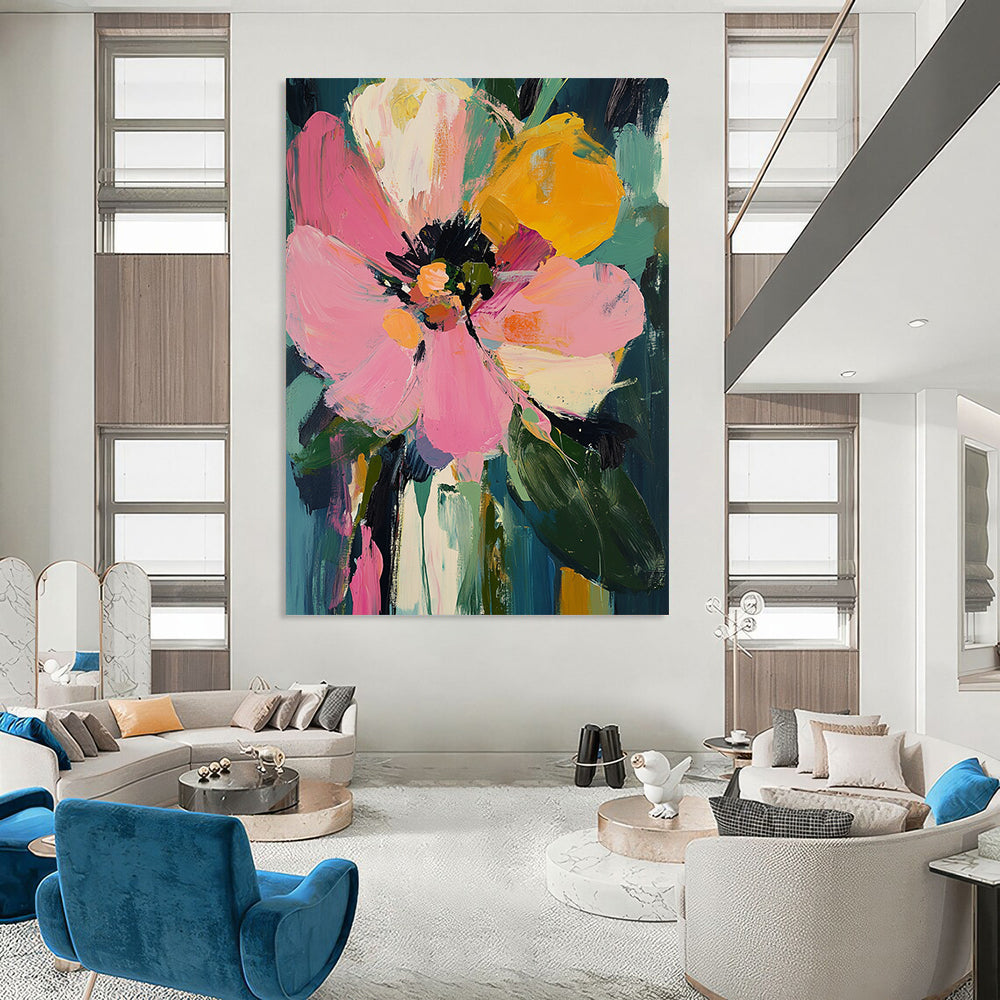Vibrant contemporary painting featuring oversized pink and yellow flowers, lush dark green leaves, and expressive thick brush strokes. DLZ0381