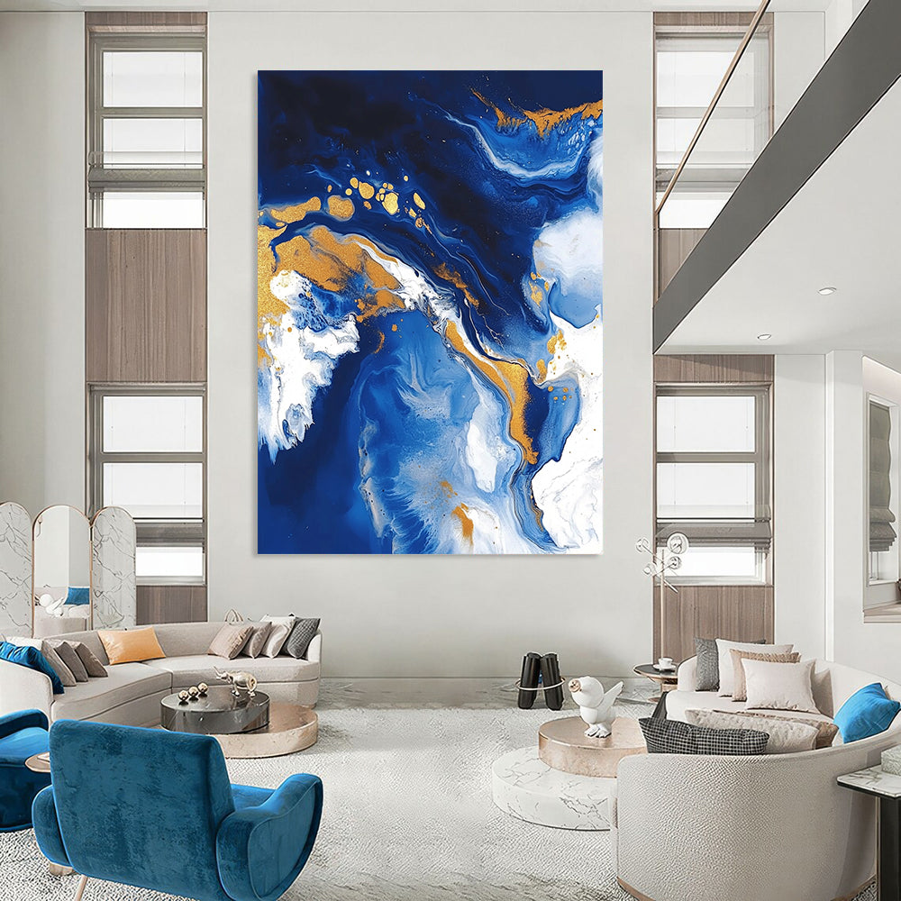 Contemporary abstract artwork featuring fluid acrylic swirls in blue and gold with textures of ocean waves white clouds and glitter accents. DLZ0327