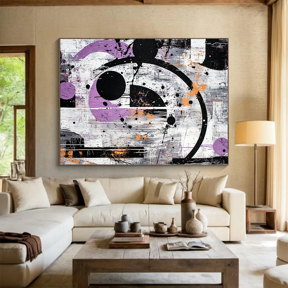 Gray, Purple, Orange, Black, Circular Chaos "Industrial Cosmos" Abstract Expressionist Painting On Canvas HB088