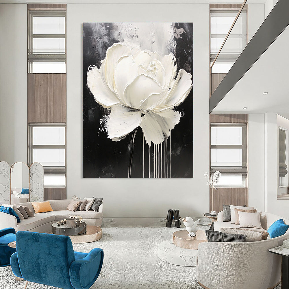 Contemporary abstract oil painting featuring a white rose with dripping paint on a minimalist black and gray background, showcasing intricate details and expressive petals. DLZ0829