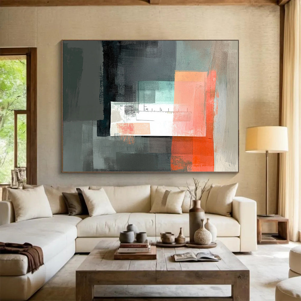 “Abstract Geometric with Ruler” - Gray, Coral, Teal, Geometric Shapes with Ruler Painting On Canvas HB0861
