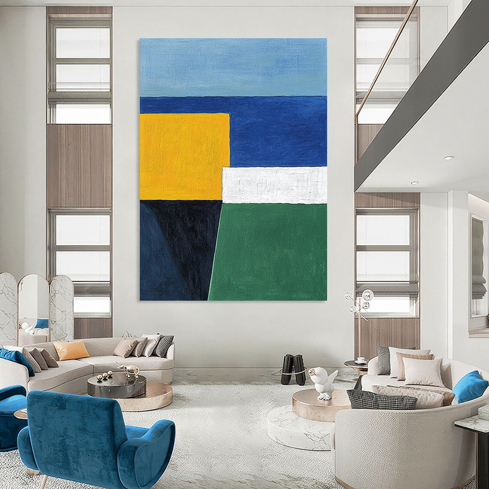 Contemporary hand-painted abstract art featuring blue white and yellow geometric shapes with a minimalist style of yellow green and navy colors. DLZ1320