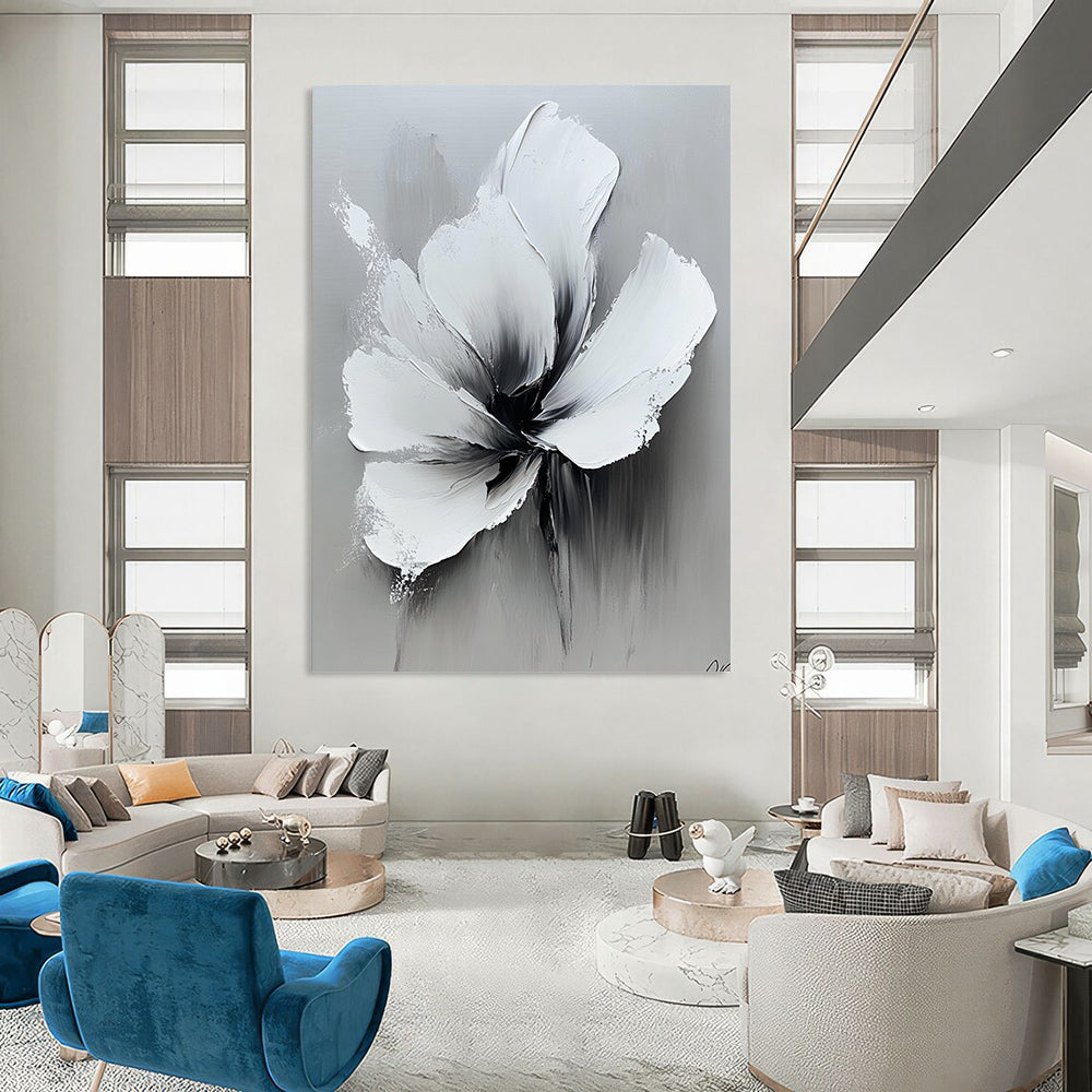 Contemporary abstract oil painting featuring bold white flowers and a high contrast black and gray palette on a neutral background. DLZ0827