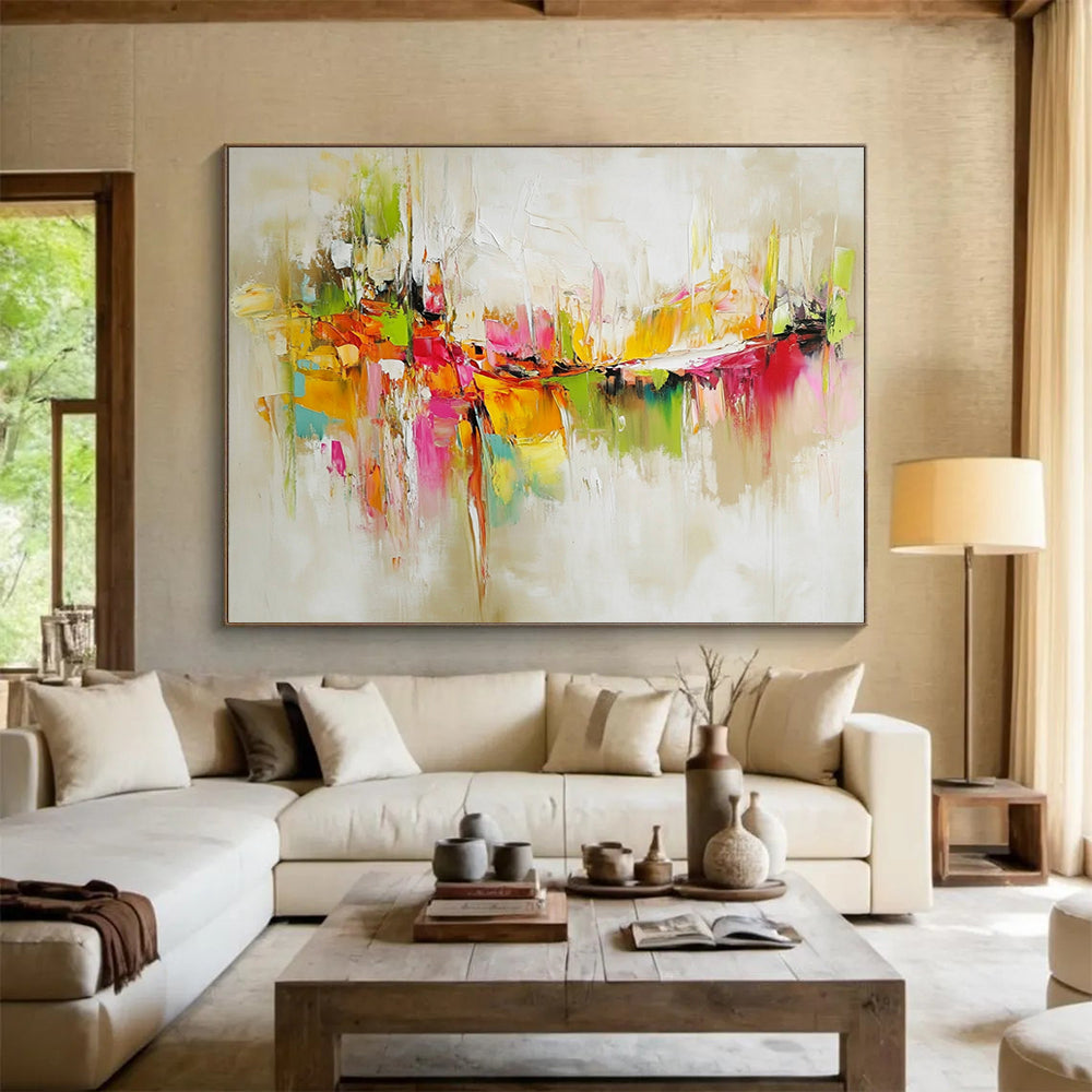 “Vibrant Abstract Cityscape” - Colorful, with hues of green, orange, pink, yellow; Abstract cityscape with thick brushstrokes; Oil Painting On Canvas HB1256