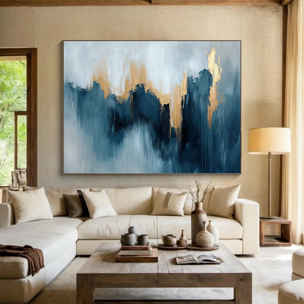 “Teal - Gray Abstract with Gold Peaks” - Teal, Gray, Gold, Mountain - Like Shapes Painting On Canvas HB0827